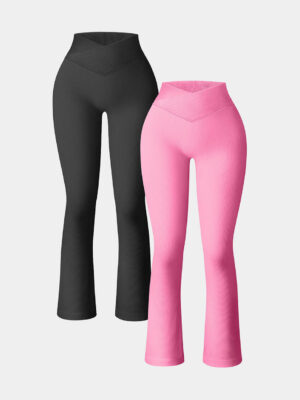 Ribbed Seamless High Waist Cross Over Bell Bottoms Leggings