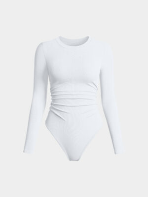 Ruched Crew Neck Long Sleeve Stretch Bodysuits