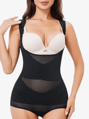 2 Pieces Mesh Criss-Cross Open Bust Bodysuit Tummy Control Panty Shapewear