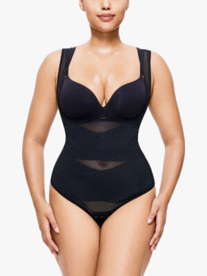 Open Bust Hourglass Bodysuit Mesh Comfy Tummy Control Thong Shapewear