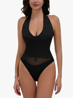 Seamless Mesh Bottom Breathable Tummy Control Halter Thong Bodysuit