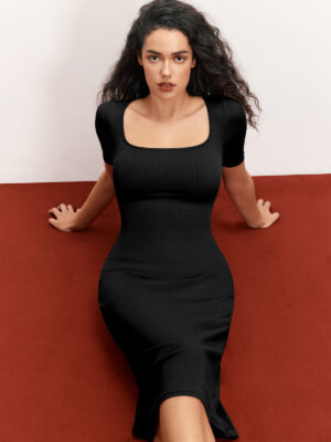 2 in 1 Shapewear Short Sleeve Square Neck Bodycon Midi Dress