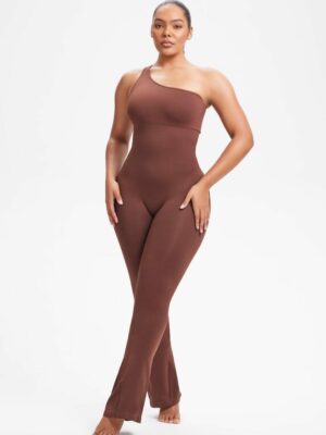 SnatchedKnit One-Shoulder Flare Jumpsuit