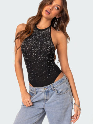 Open Back Mesh Rhinestone Bodysuit