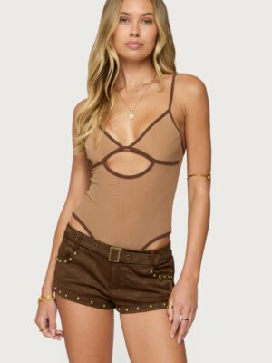 Contrast Sheer Mesh Cut Out Bodysuit