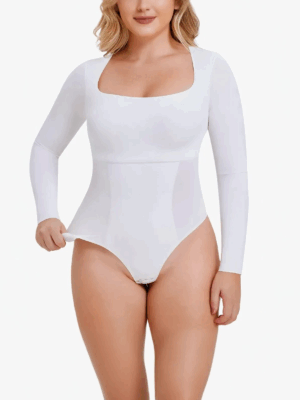 Elastic Square Neck Thong Style Bodysuits with Crotch Snap