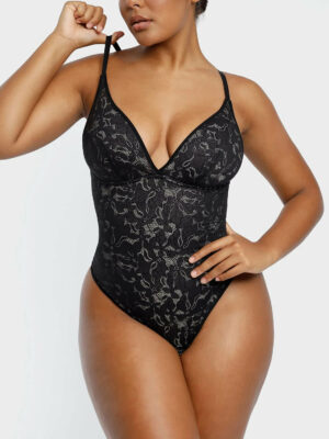 Lace Glamour Leavy Florals Cami Thong Bodysuit