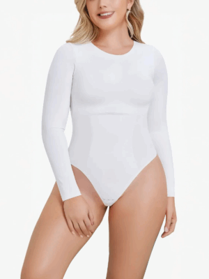 Seamless Round Neck Long Sleeve Thong Bodysuit with Crotch Buckle