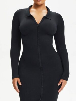SnatchedKnit Front Button Collar Midi Dress