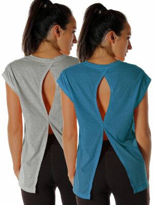 Sharesto Open Back Workout Top Shirts - Yoga t-Shirts Activewear Exercise Tops for Women