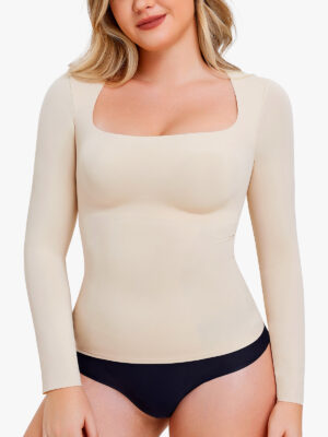 Tummy Control Square Neck Long Sleeve Shapewear Tops