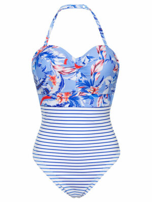 Figleaves Tahiti Twist Bandeau Control Swimsuit Blue Floral